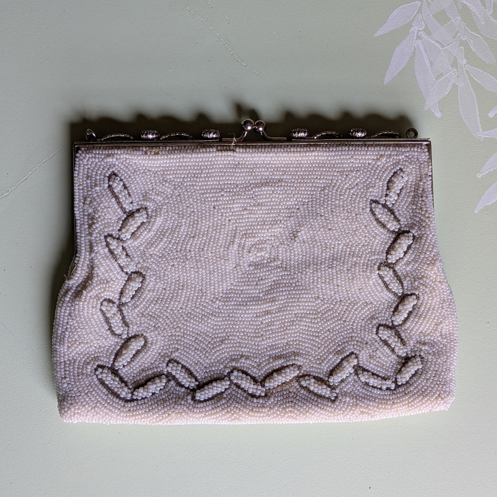 Vintage Cream Beaded Evening Purse Clutch Made in Japan